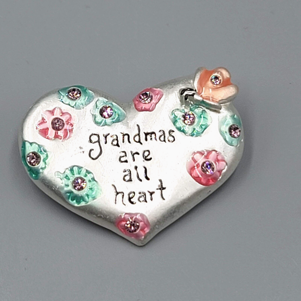 Grandmas are all Heart Brooch Silver tone Enamel Flowers Rhinestones 1.5"w