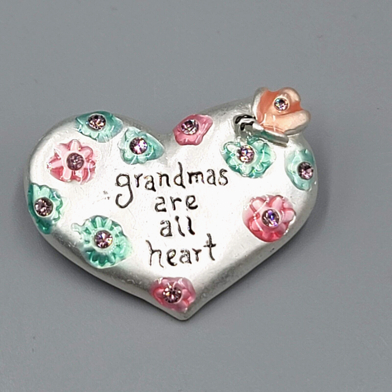 Grandmas are all Heart Brooch Silver tone Enamel Flowers Rhinestones 1.5"w