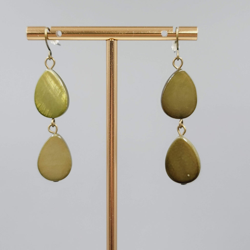 Teardrop Dangle Pierced Earrings Green Dyed Shell Bronze tone 1.75"