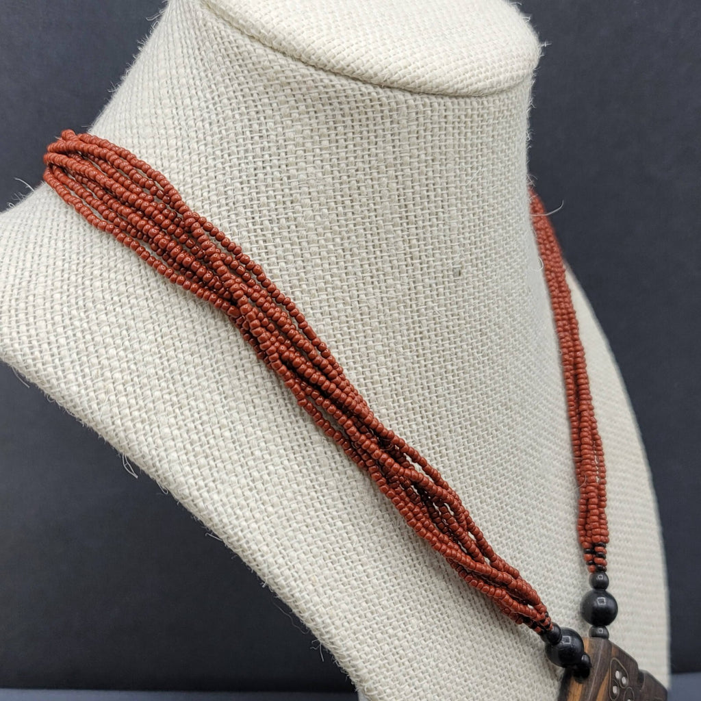 Artisan Boho Necklace Dark Red Seed Bead Wood Inlay Pendant Ethnic 18"