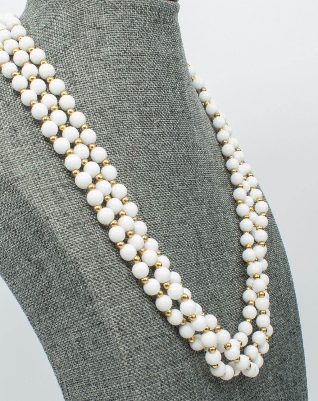 Vintage Triple Strand White & Gold Beaded Necklace Costume Estate 18" - 20'