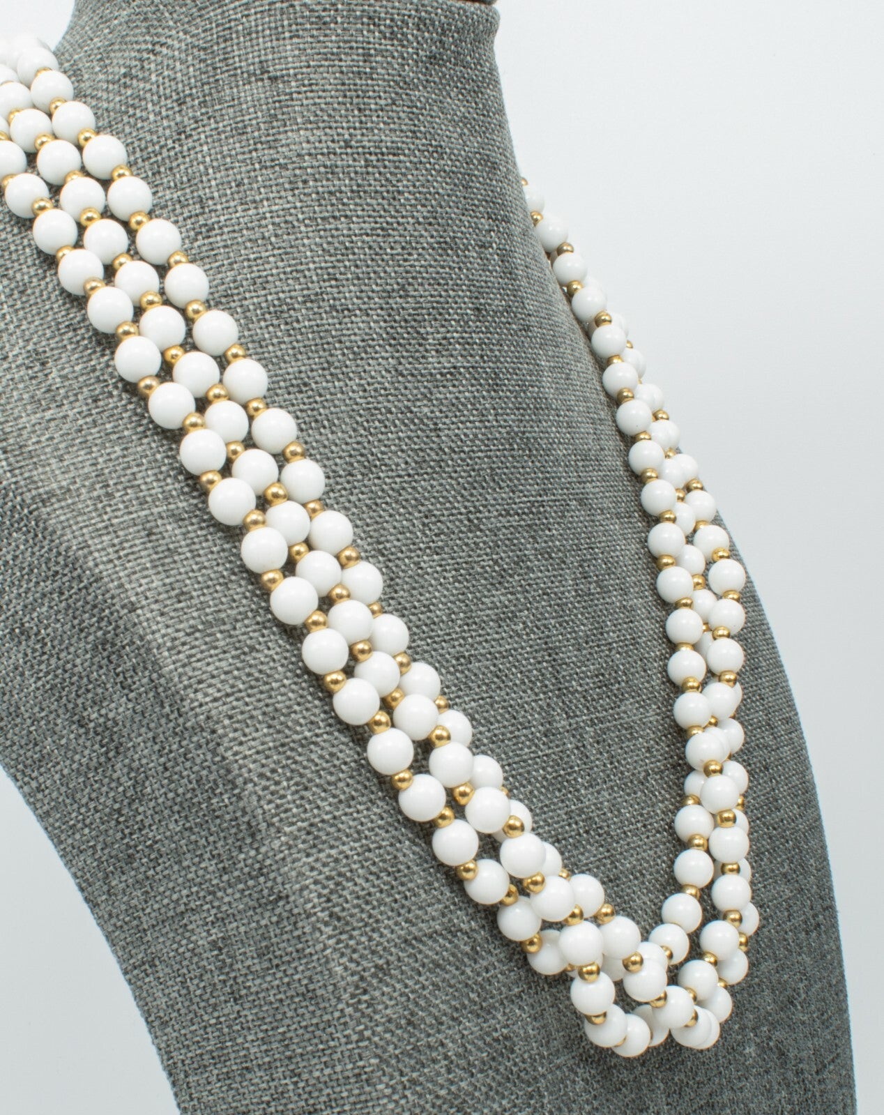 Vintage Triple Strand White & Gold Beaded Necklace Costume Estate 18" - 20'