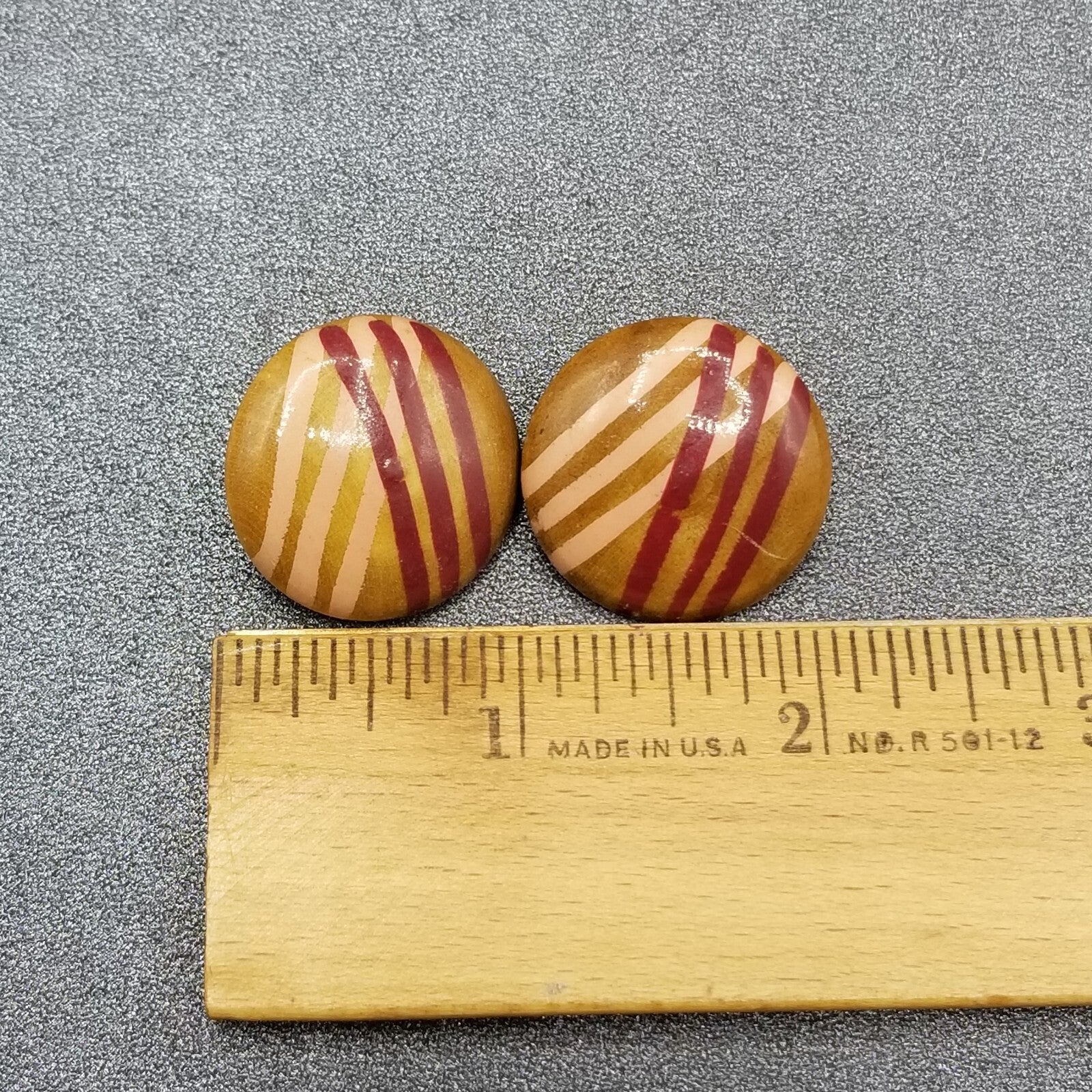 Vintage Clip on Earrings Pink Red Painted Wood Dome Button Statement Stud 1"