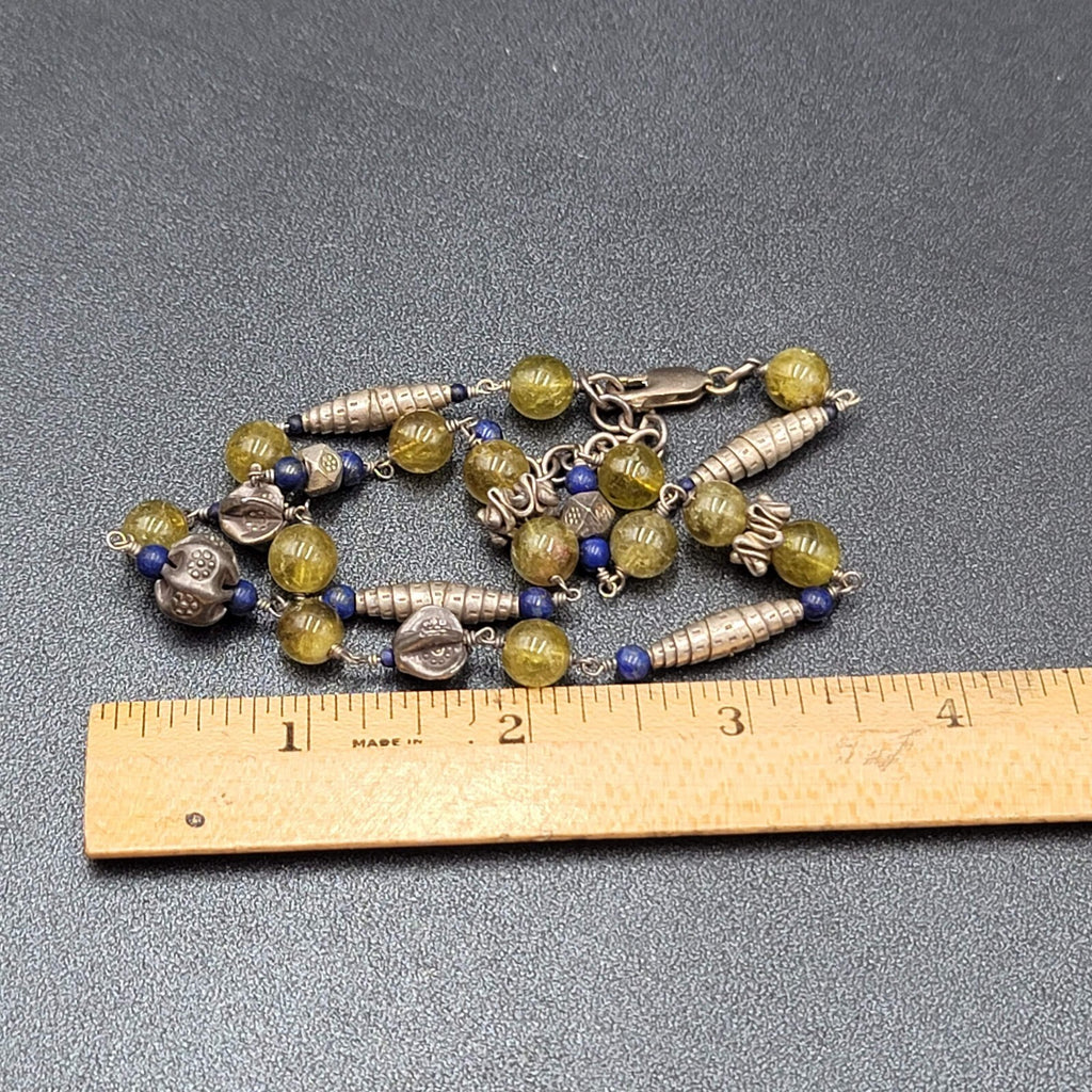 Sterling Silver Necklace Green Glass Blue Lapis Beads 18"-20"