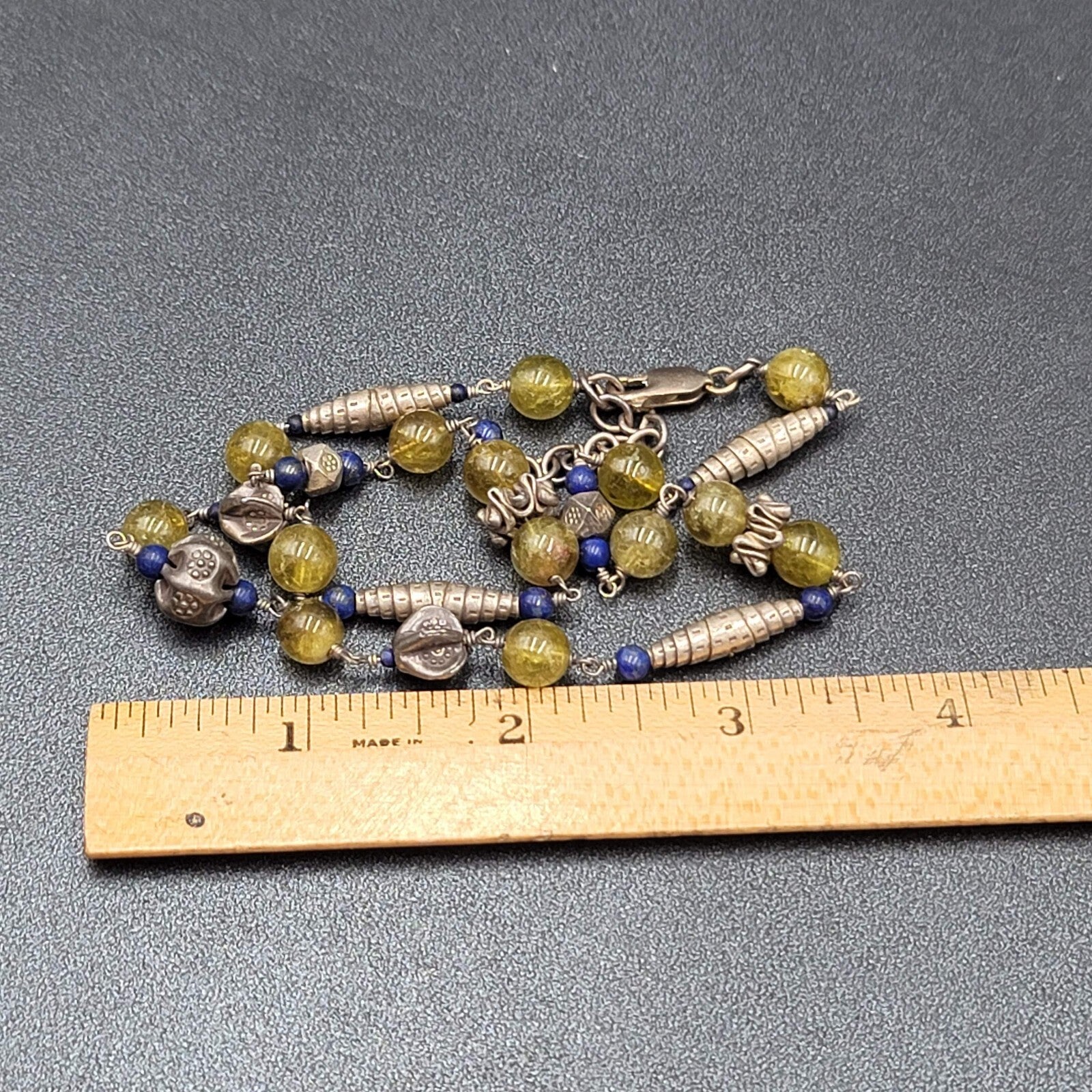 Sterling Silver Necklace Green Glass Blue Lapis Beads 18"-20"