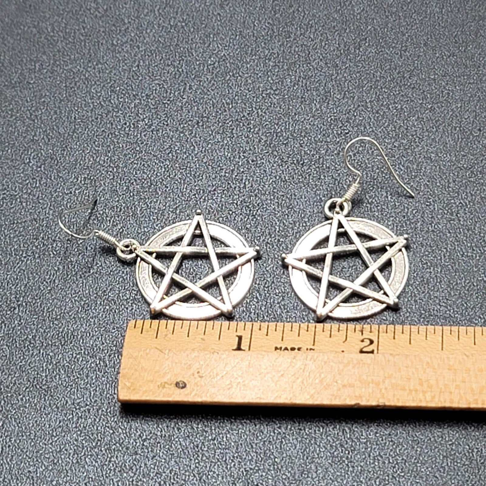 Pentacle Pierced Earrings Silver tone Witch Pentagram Dangle 1 1/8"