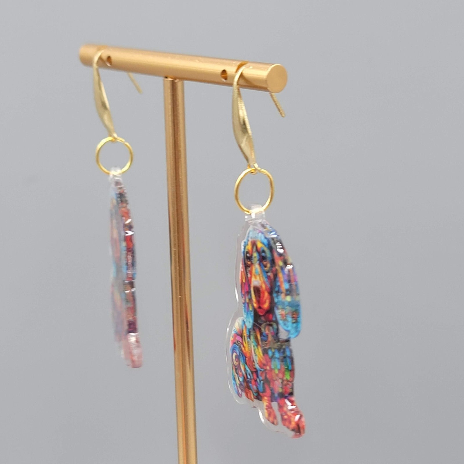 Colorful Dachshund Dog Pierced Earrings Acrylic Dangle Gold tone 1.75"