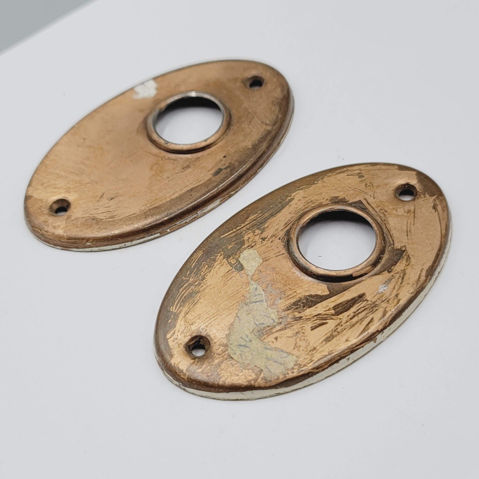 Vintage PAIR Oval Doorknob Back Plate 3 1/4" x 2" holes 3/4"