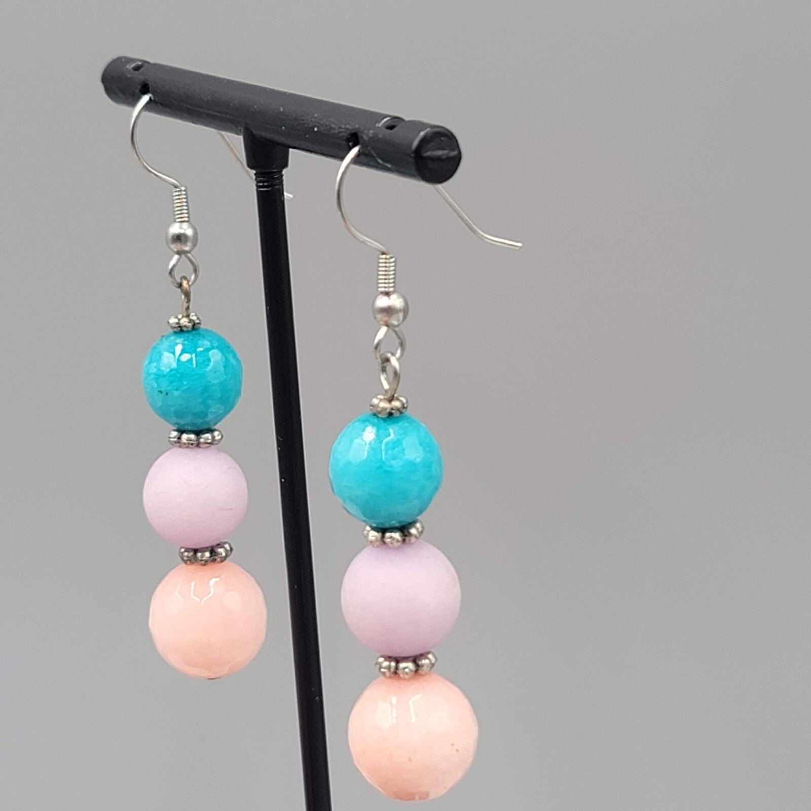 Pink Purple Blue Glass Bead Pierced Earrings Silver tone Dangle 1.5"