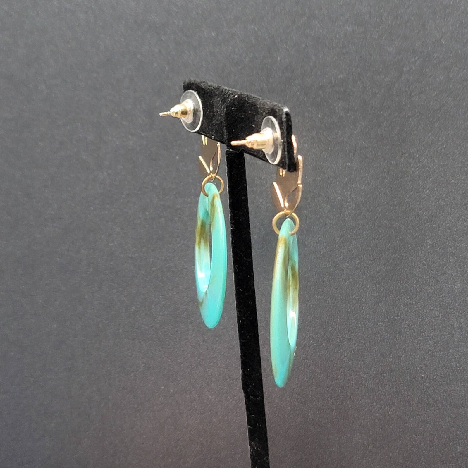Pierced Earrings Gold tone Turquoise Acrylic Lightweight 2.25"