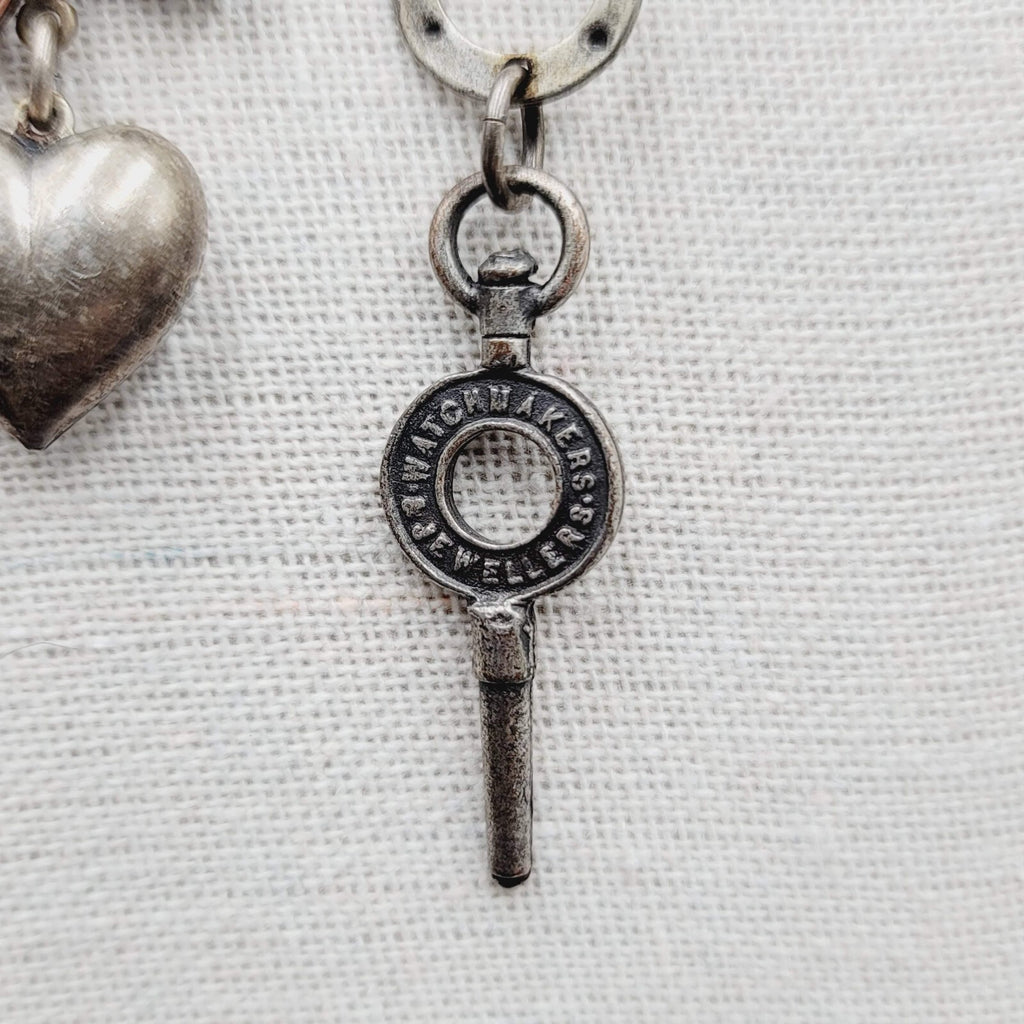 Skeleton Key Heart Charm Necklace Silver tone Statement 22"