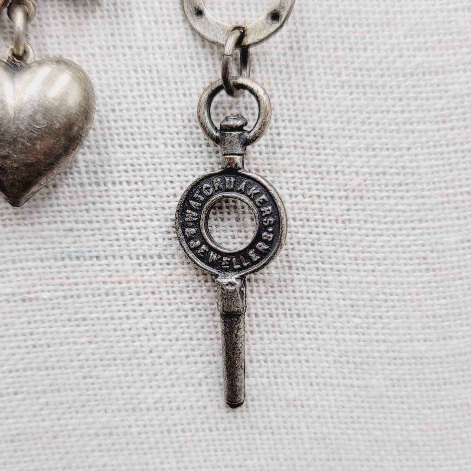 Skeleton Key Heart Charm Necklace Silver tone Statement 22"
