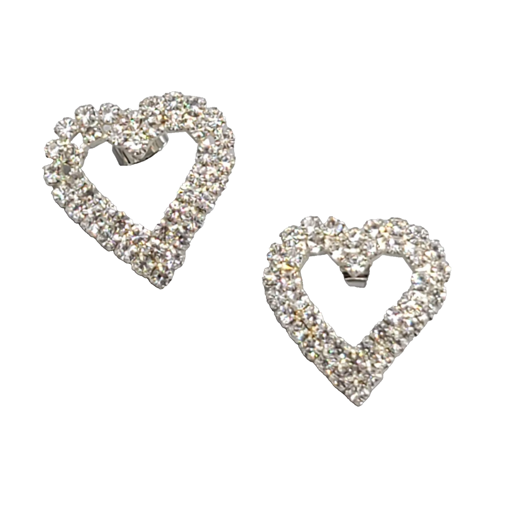Rhinestone Open Heart Pierced Earrings Silver tone Drop 1 in