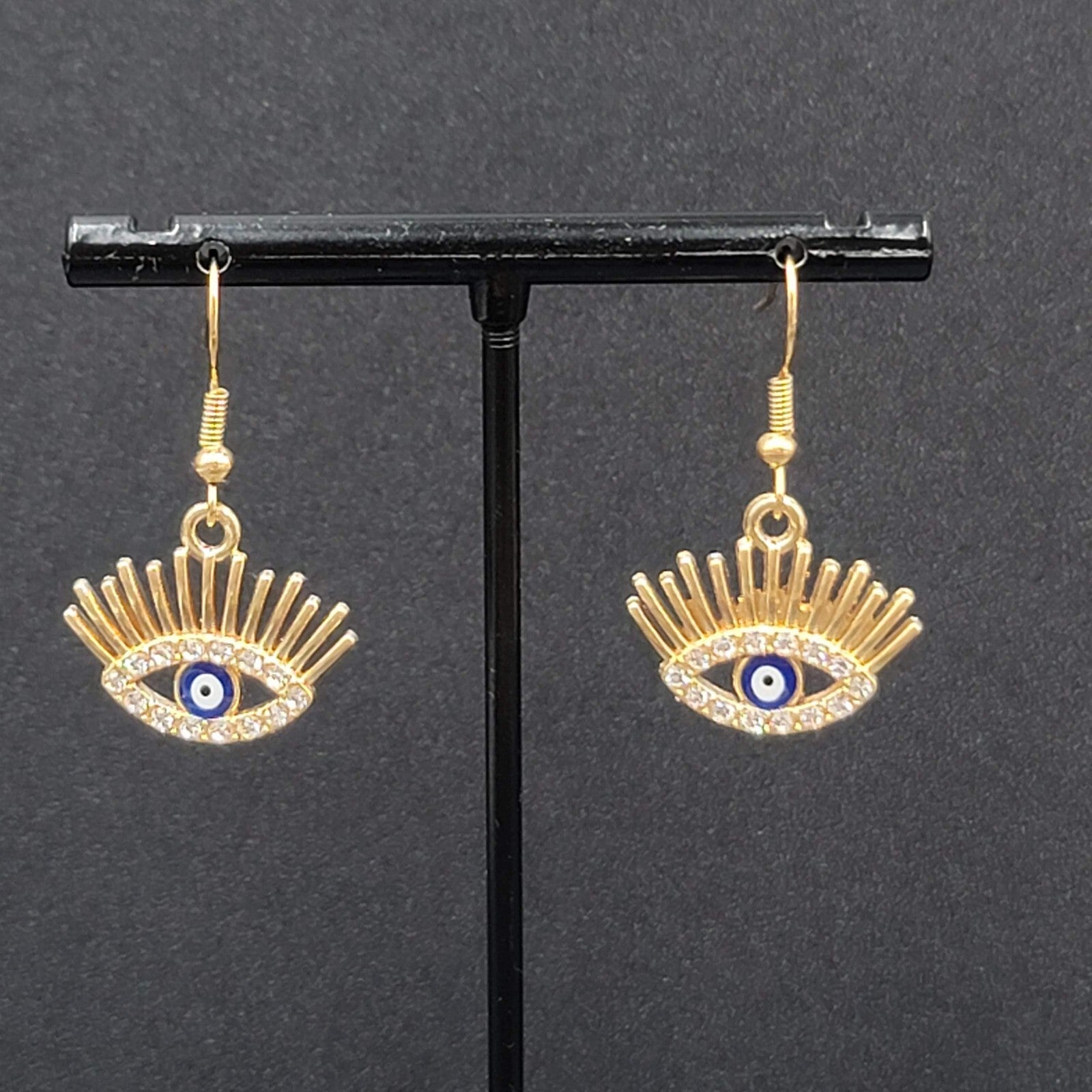 New Evil Eye Pierced Earrings Gold tone Enamel Dangle Eyelashes 5/8"