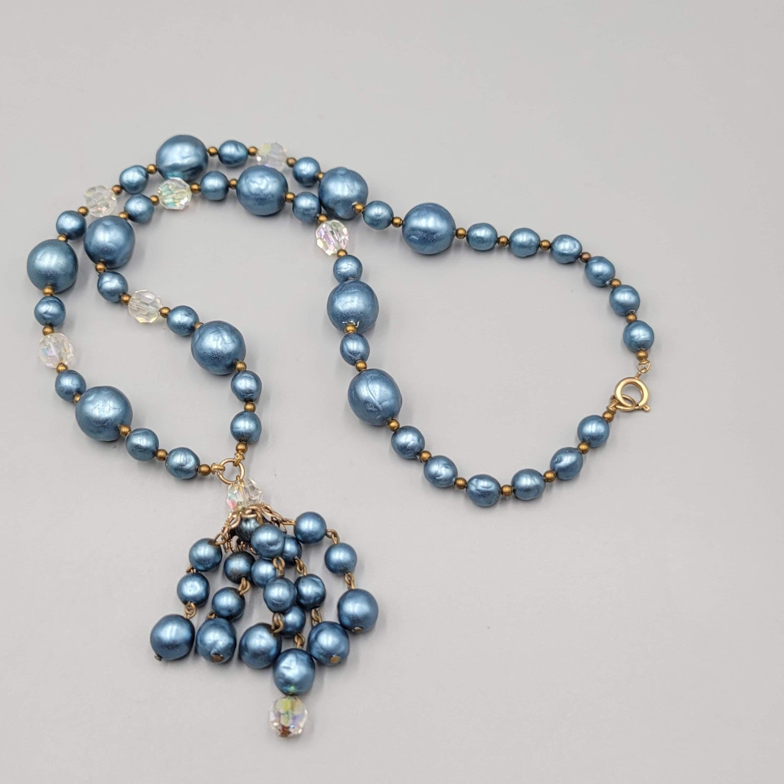 Vintage Faux Pearl Bead Necklace 24" Crystal Aurora Borealis Dangle Gold Tone