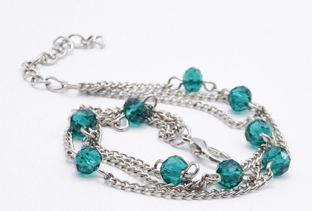 Vintage Silver tone Green Crystal Bead Chain Link Bracelet 7" - 8 .5"