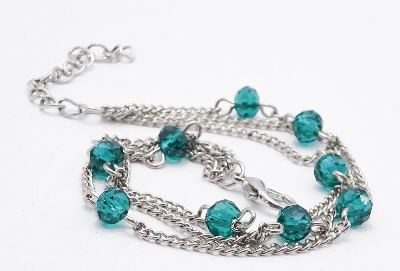 Vintage Silver tone Green Crystal Bead Chain Link Bracelet 7" - 8 .5"