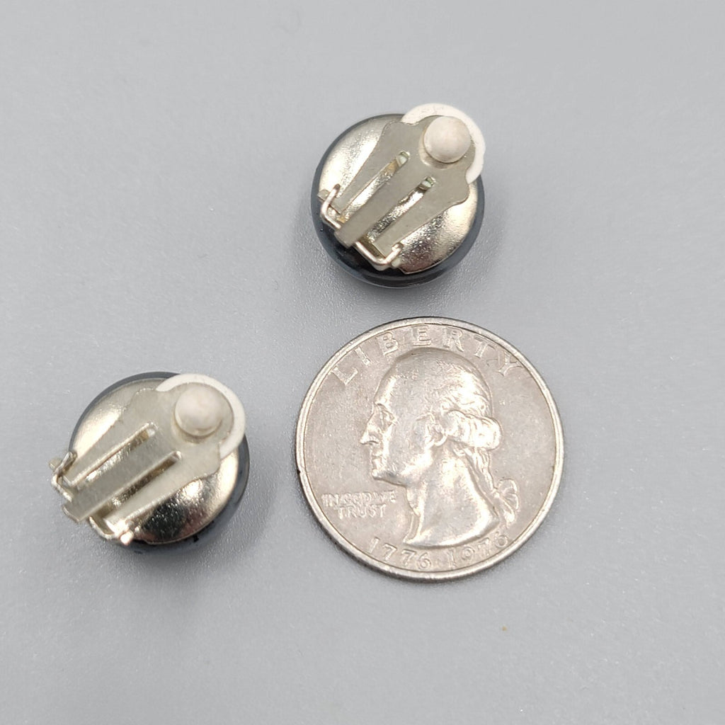 Vintage Clip on Earrings Satin Black Metallic Dome Stud 5/8"