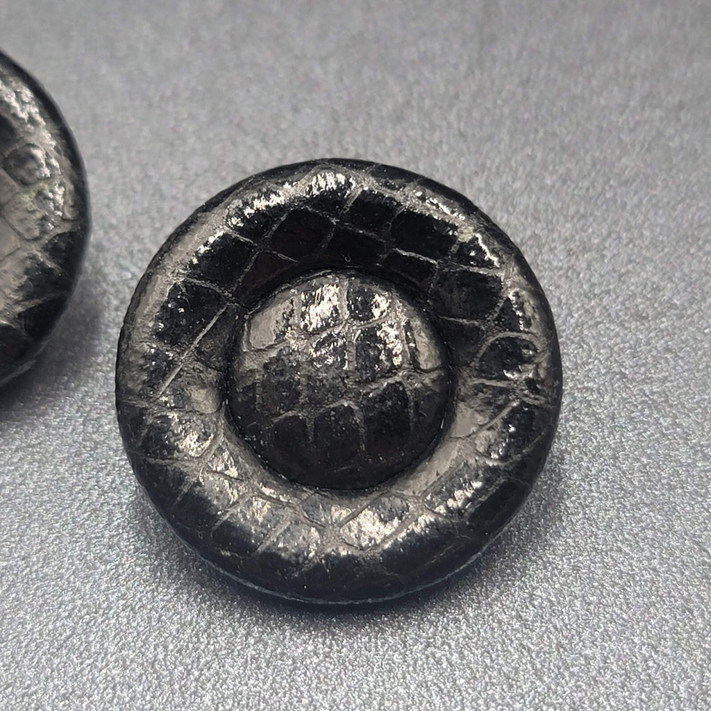 Vintage Pierced Earrings Faux Snake Skin Black Button Studs 1 1/8"