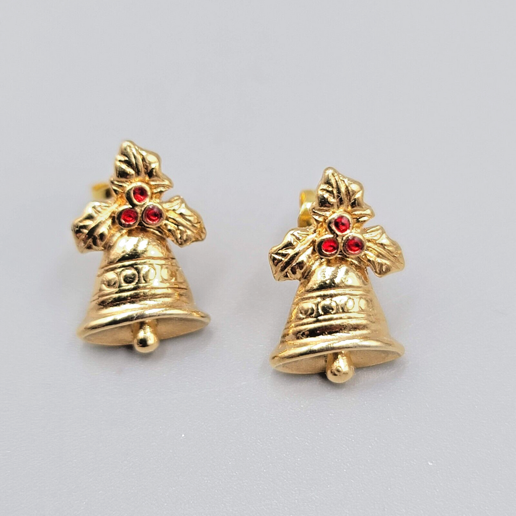 Vintage Christmas Bells Pierced Earrings Gold tone Red Rhinestone Studs 1/2"