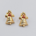 Vintage Christmas Bells Pierced Earrings Gold tone Red Rhinestone Studs 1/2"