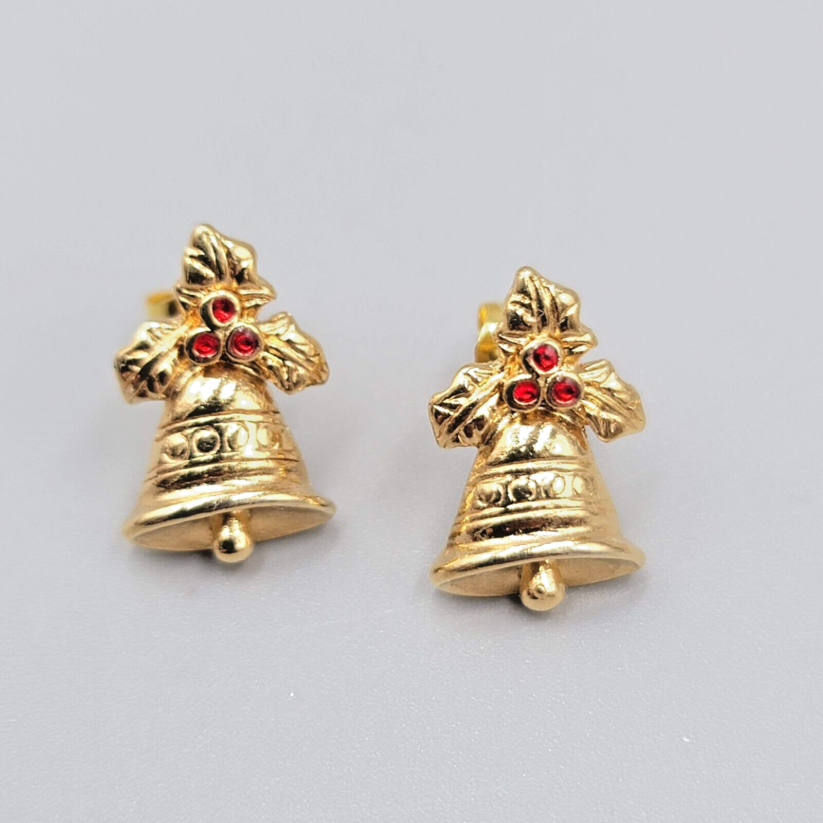 Vintage Christmas Bells Pierced Earrings Gold tone Red Rhinestone Studs 1/2"