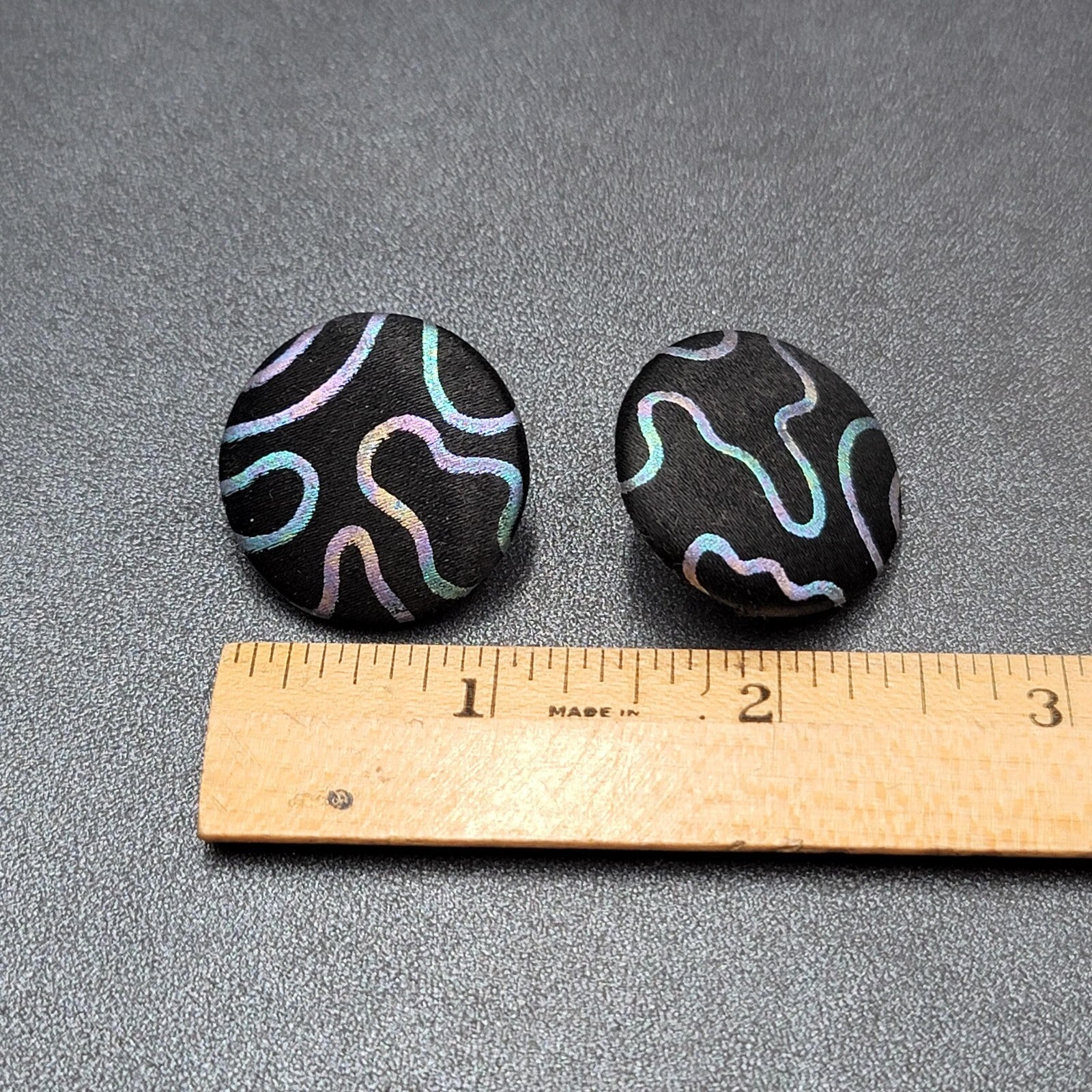 Vintage Pierced Earrings Black Satin Multicolor Lines Statement Round 80s 1"