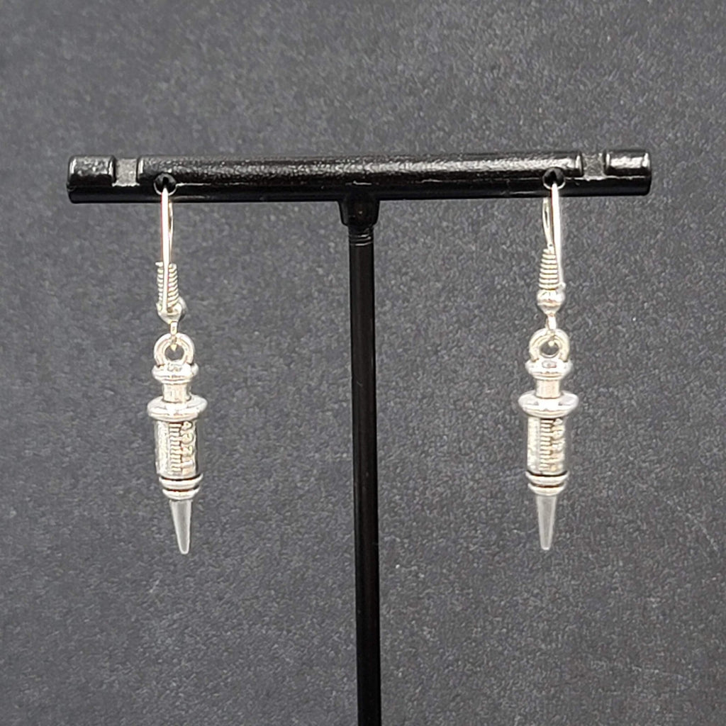 Syringe Nurse Pierced Earrings Silver tone Medical Dangle 1"