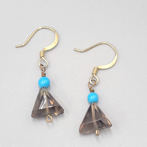 Blue and Triangle Smokey Glass Bead Pierced Earrings Gold tone Dangle 3/4"