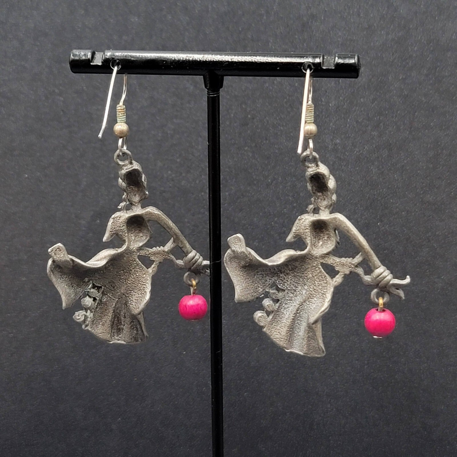 Vintage Dancer Pierced Earrings Lady Pewter Rhinestone 1.75"
