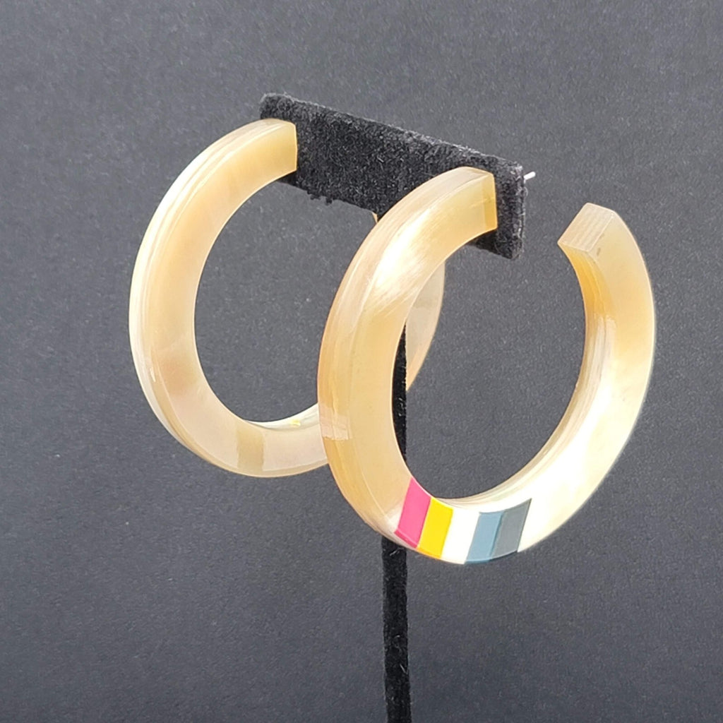 Pierced Earrings Resin Faux Horn Hoops Hand Painted 2 3/8"