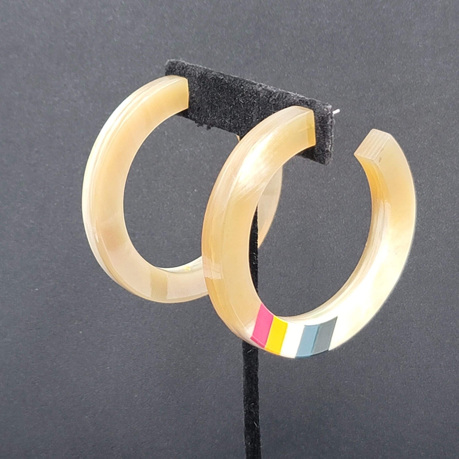 Pierced Earrings Resin Faux Horn Hoops Hand Painted 2 3/8"