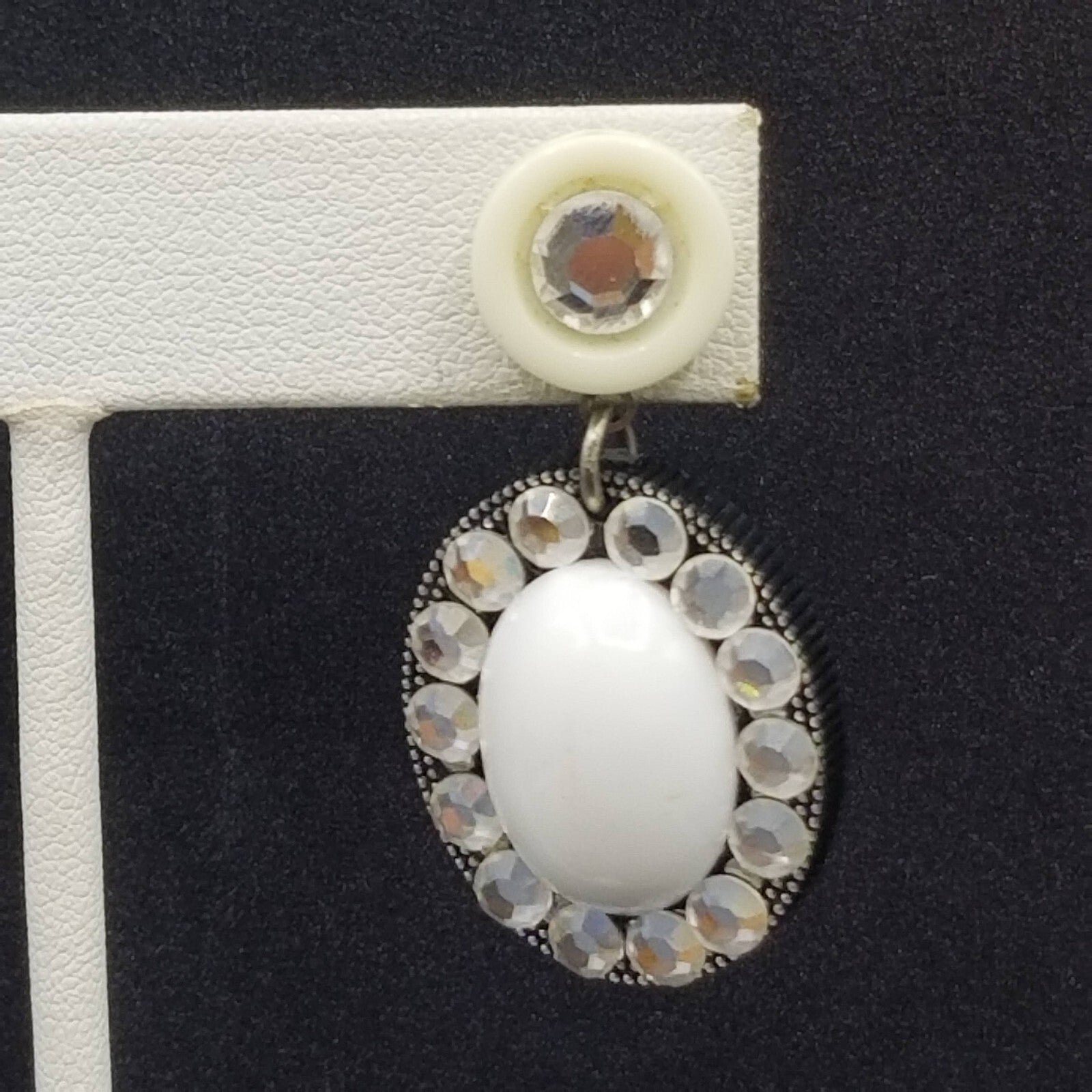 Pierced Earrings Black White Acrylic Oval Button Crystal Statement Dangle 1 5/8"