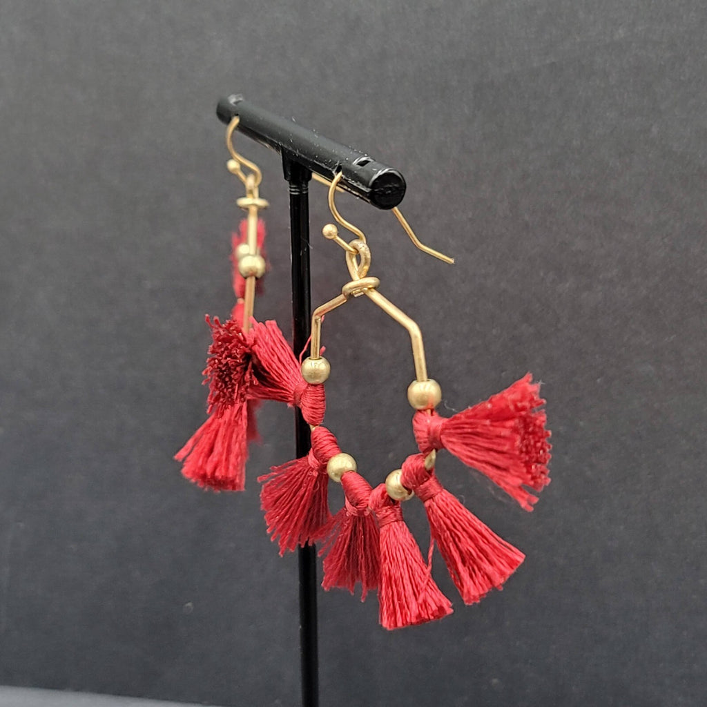 Pierced Earrings Gold tone Red Tassel Fun Fashion Statement Dangle 2"