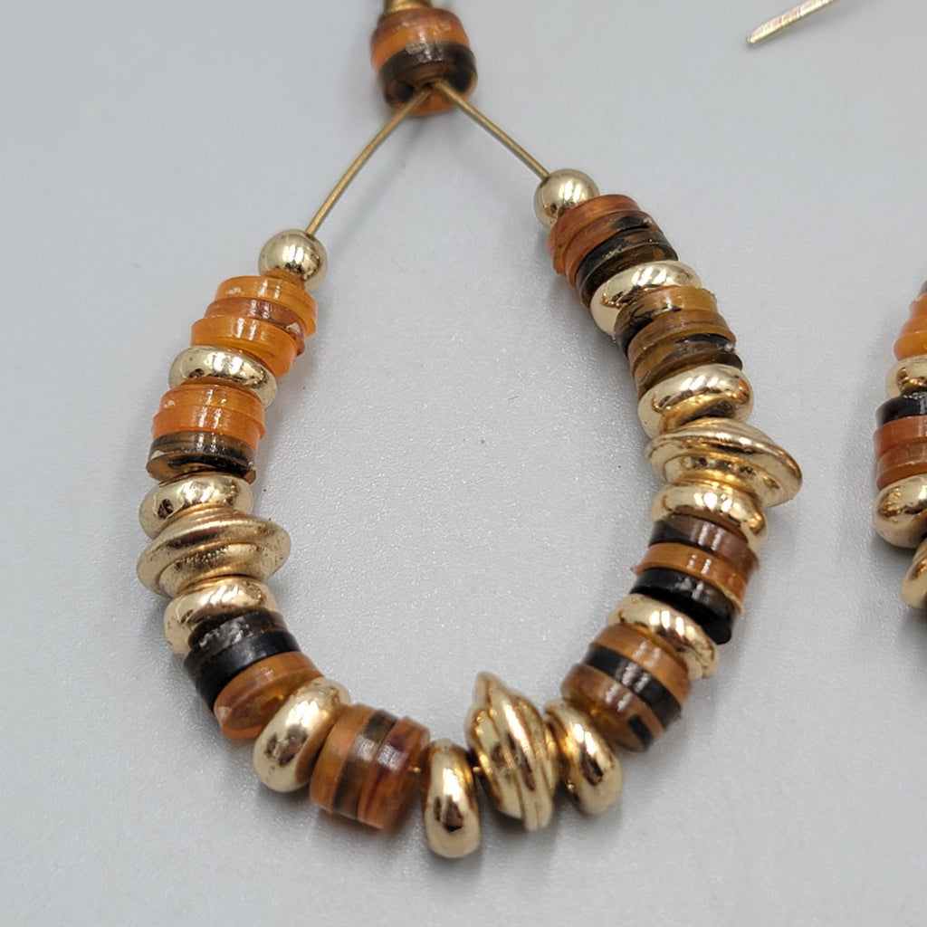 Beaded Teardrop Hoops Pierced Earrings Gold tone Dangle 2"