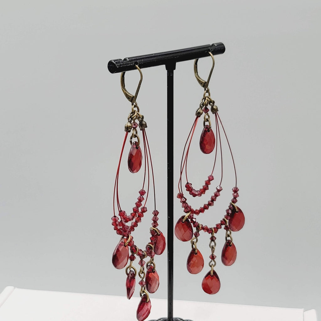 Red Bead Pierced Earrings Bronze tone Dangle Loops 3.5"