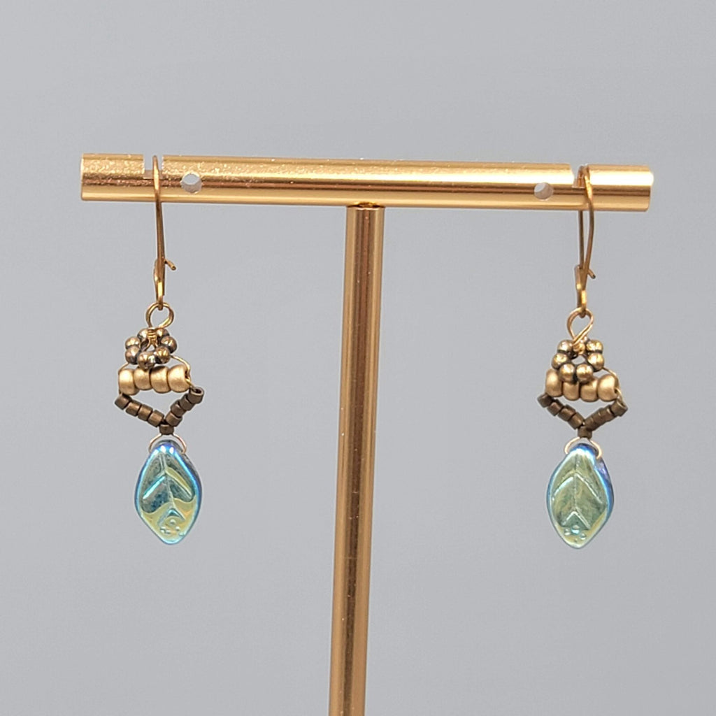 Glass Leaf Iridescent Pierced Earrings Beaded Copper tone Dangle 1"