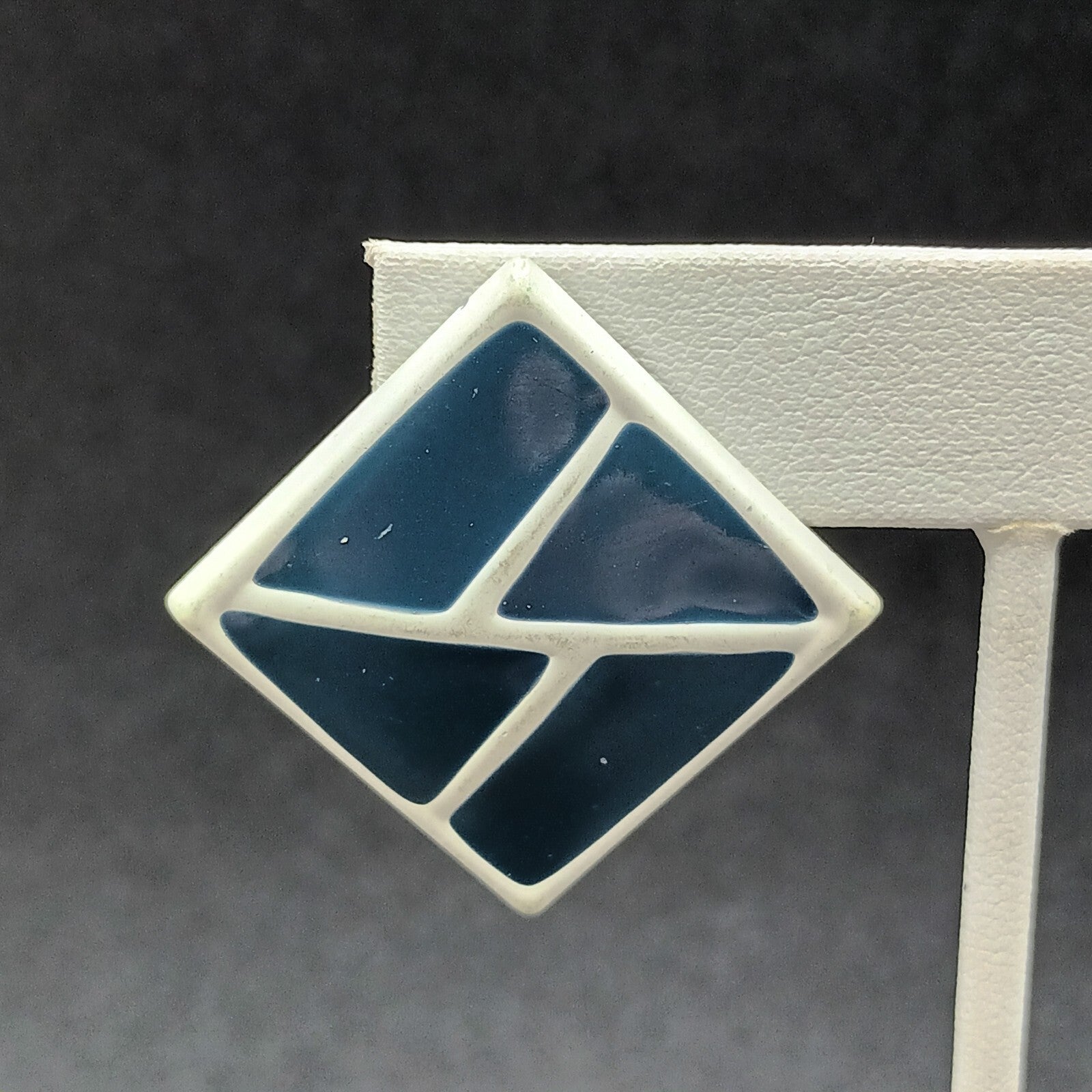 Vintage Pierced Earrings White Blue Enamel Geometric Drop 1 3/8"
