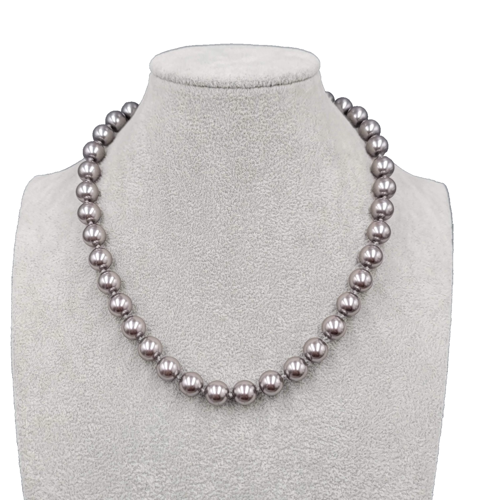 Gray Faux Pearl Necklace Hand Knotted Silver tone Elegant Holiday 16"-18"