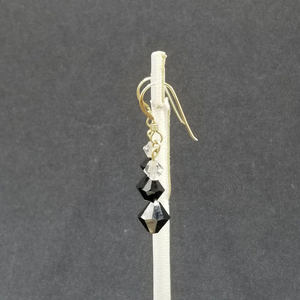 Pierced Earrings Gold tone Black Faceted Crystal Beaded Dangle 3/4"