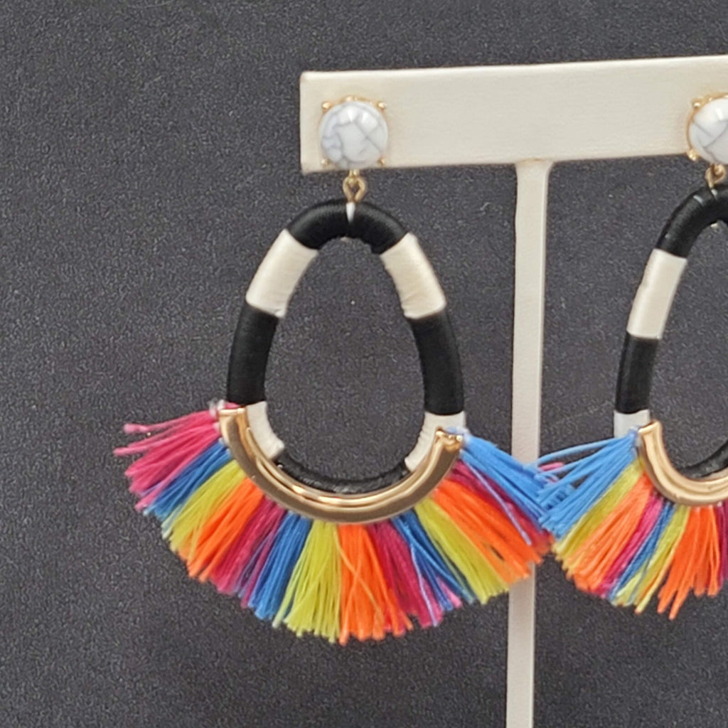 SugarFix Pierced Earrings Rainbow Black White Tassel Dangle Hoops 3"