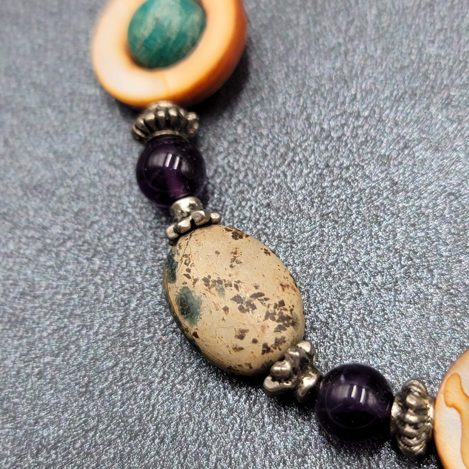 Multi Gemstone Beaded Bracelet Jasper Amethyst Shell Elastic 8.5"