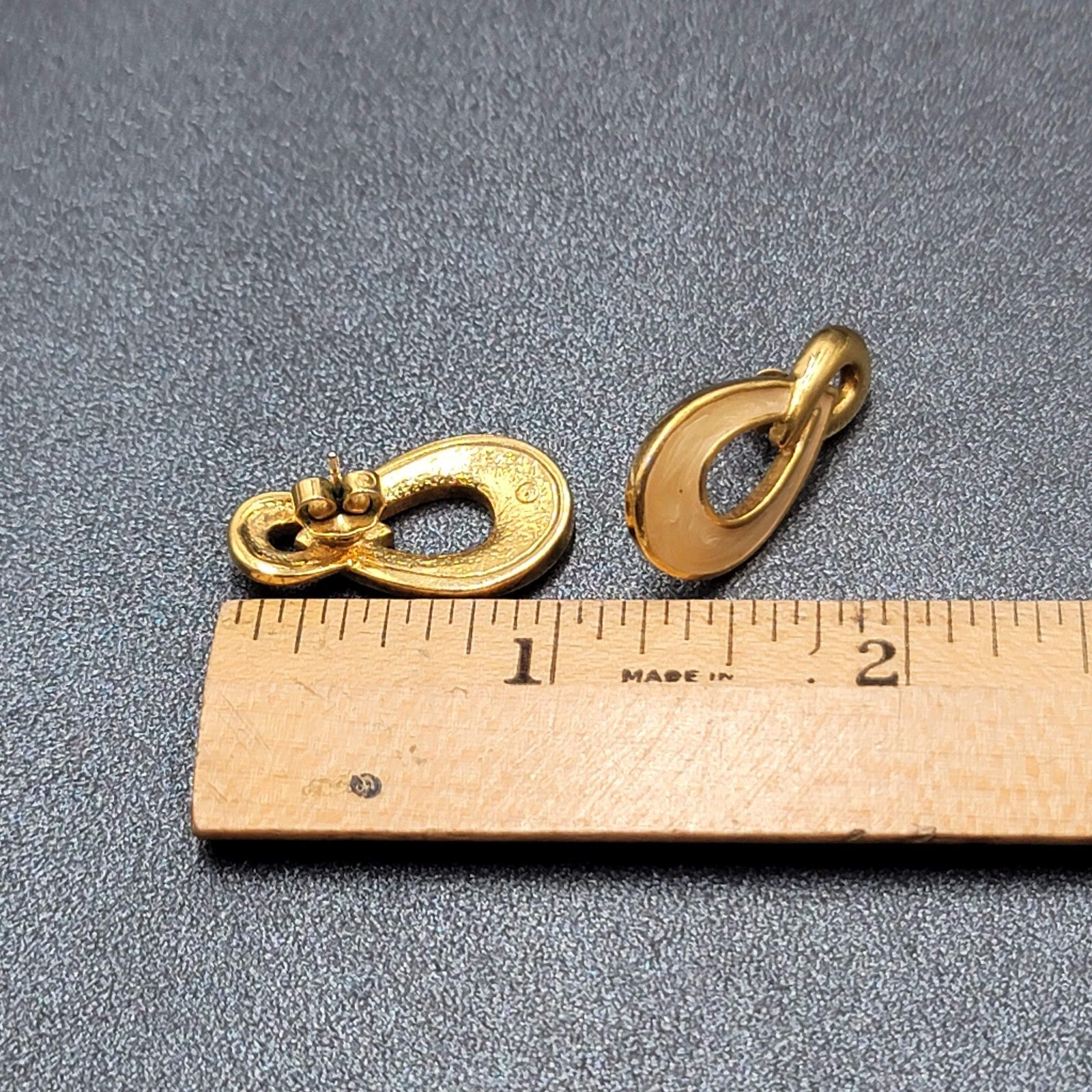Vintage Pierced Earrings Gold Plated Cream Enamel Drop 1"