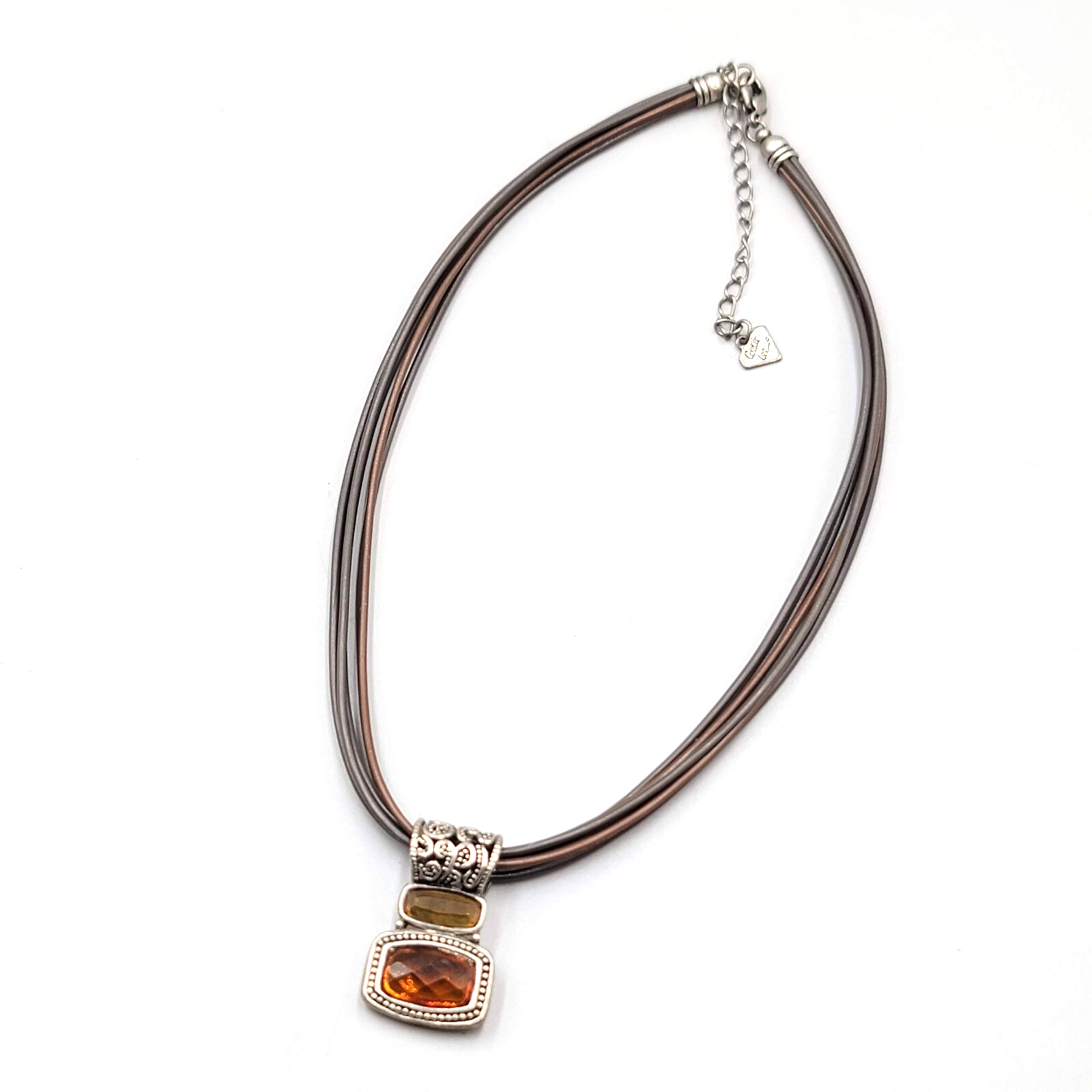 Cookie Lee Necklace Leather Cord Silver tone Orange Pendant 16"+