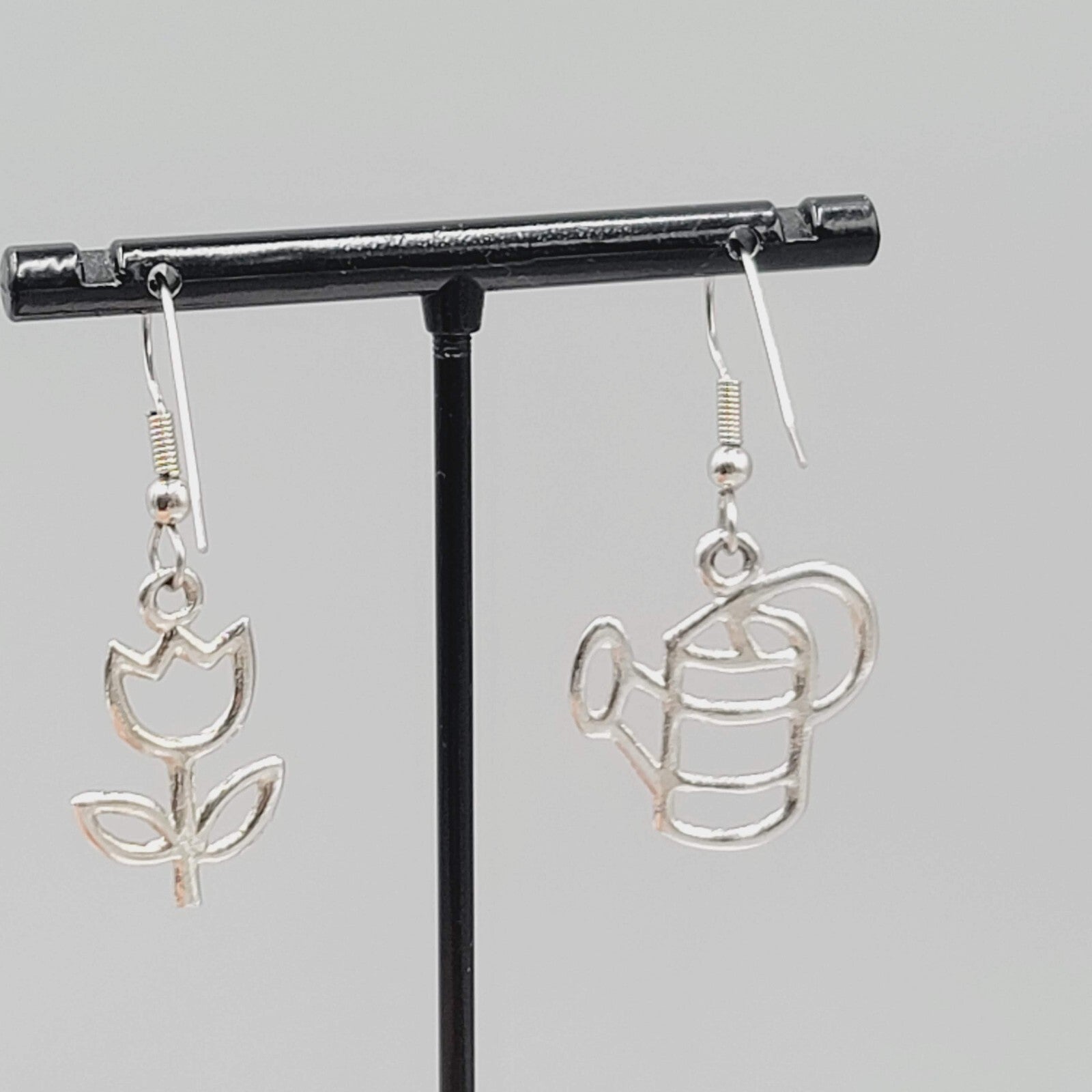 Gardener Pierced Earrings Garden Flower Watercan Silver tone Dangle 1"