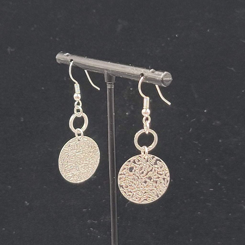 Embossed Circle Pierced Earrings Silver tone Dangle 1.25"