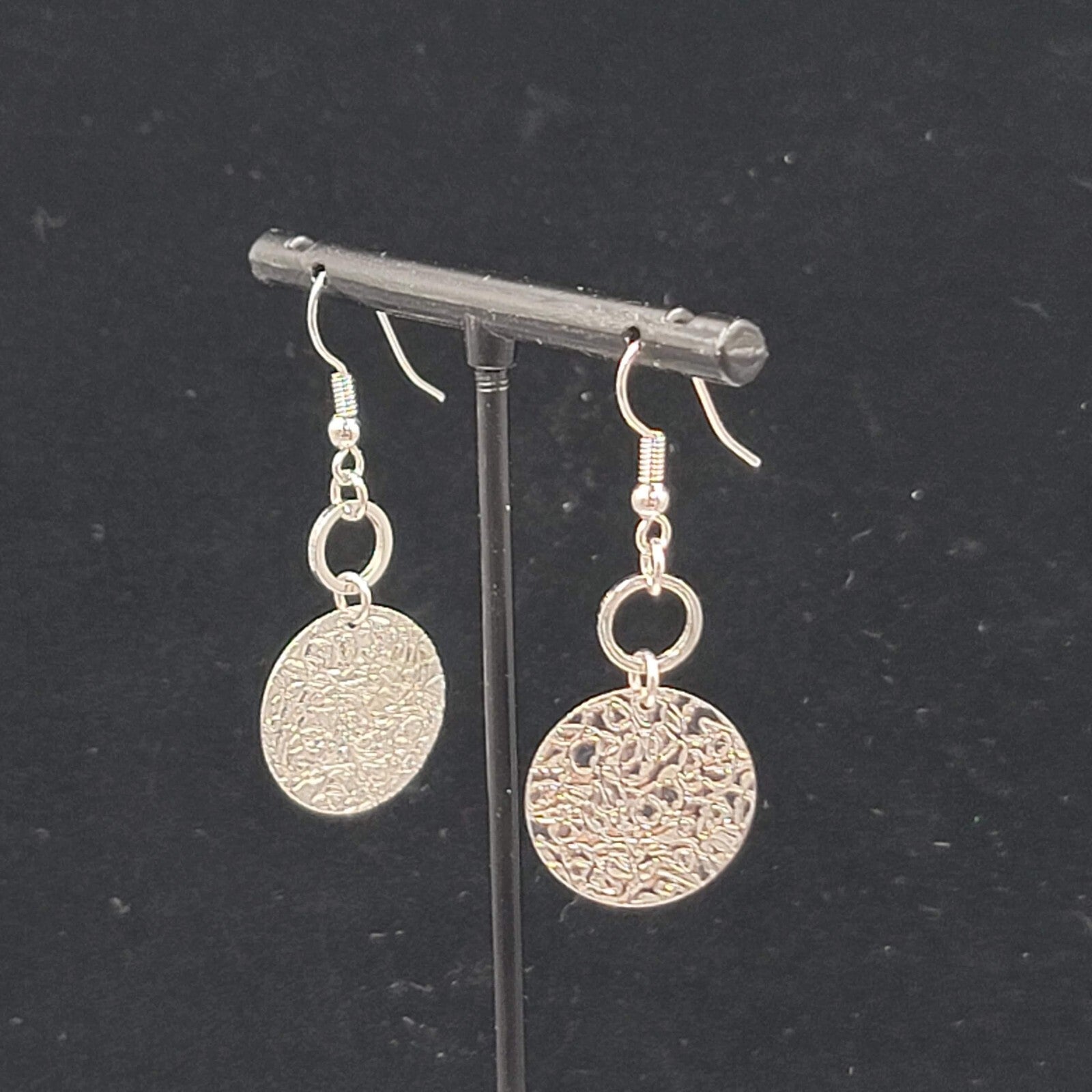 Embossed Circle Pierced Earrings Silver tone Dangle 1.25"