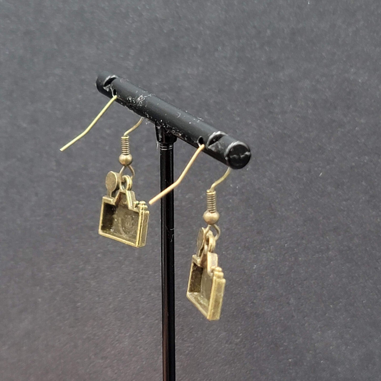 Camera Pierced Earrings Retro Bronze tone Dangle 1/2"