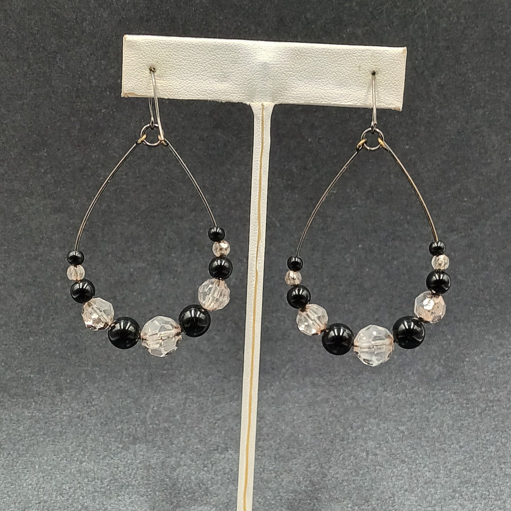 Pierced Earrings Gun Metal Gray Teardrop Wire Loop Acrylic Beaded Dangle 2"