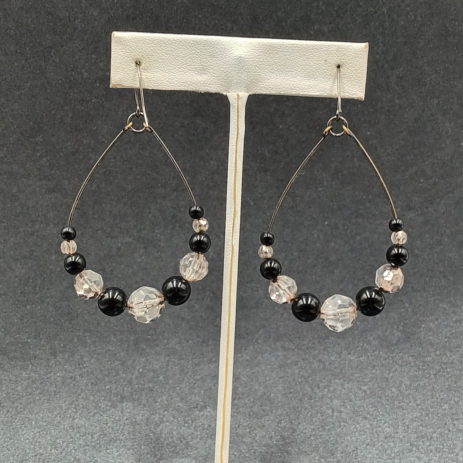 Pierced Earrings Gun Metal Gray Teardrop Wire Loop Acrylic Beaded Dangle 2"